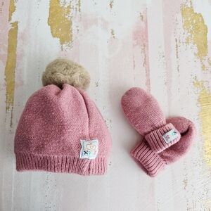 NYGB Pink Baby Embroidered Knit Hat And Mittens Set 6-18 months